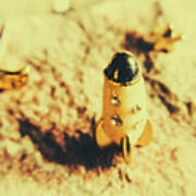 Yellow Rocket On Planetoid Exploration Poster