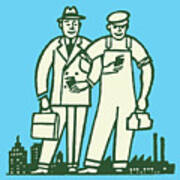 Businessman And Handyman Standing Over Skyscrapers #1 Poster