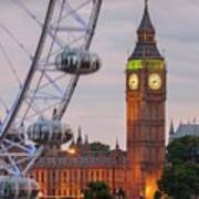 England, London, Great Britain, City Of Westminster, Big Ben And Part Of Millennium Wheel #1 Poster