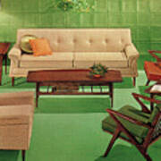 Green Midcentury Living Room #1 Poster