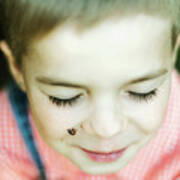 Lady Bug Sitting On Little Boy Face #1 Poster