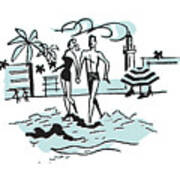 Man And Woman Walking On Beach #1 Poster