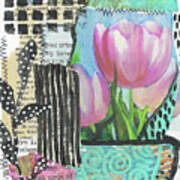 Pink Tulips Mixed Media Collage Original By Cheri Wollenberg Poster
