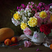 Still Life With Flowers And Fruits #1 Poster