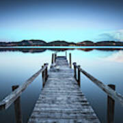 Wooden Pier Or Jetty On A Blue Lake Sunset And Sky Reflection On #1 Poster