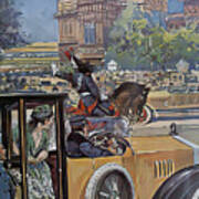 1921 Formal Vehicle With Driver And Passengers Elegant City Setting Original French Art Deco Illustration Poster
