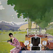 1929 Woman Photographer With Touring Car In Country Setting Original French Art Deco Illustration Poster
