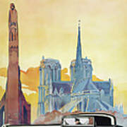 1934 European Coupe With Church Background Original French Art Deco Illustration Poster