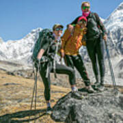 2 Women Climbers Pose With Their Climbing Sherpa & Friend Near Everest Poster