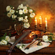 Still Life With Violin And Flowers Poster