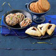 Almond Cookies With Pistachios And Spiced Biscuits In Bowl And Triangular Cookies On Plate Poster