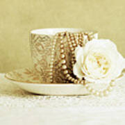 Antique Cup And Saucer With White Flower And Pearls Poster