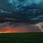 Asperatus Clouds In Sunset And Cloud-to-ground Lightning Bolt, Ogallala, Nebraska, Us Poster