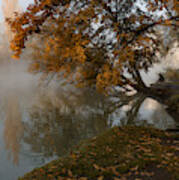 Autumn Misty Morning With A Lone Fisherman Poster