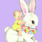 Baby Riding A Huge Rabbit Poster