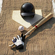 Baseball, Bat, Batting Gloves And Poster