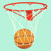 Basketball In A Basketball Hoop Poster