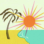 Beach Scene With Sun And Palm Tree Poster