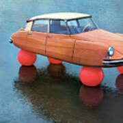 Bizarre Citroen With Red Balloons For Tires Poster