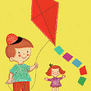 Boy And Girl Flying Kite Poster