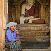 Burmese Woman Relaxing At Temple Entrance Poster