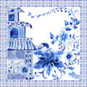 Chinoiserie Blue And White Pagoda With Stylized Flowers And Chinese Chippendale Border Poster