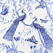 Chinoiserie Blue And White Peacocks And Butterflies Poster