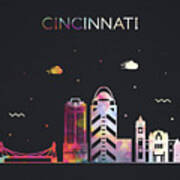 Cincinnati Ohio City Skyline Whimsical Fun Wide Dark Poster