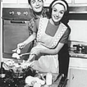 Couple Standing In Kitchen, Smiling, B&w Poster