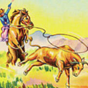 Cowboy Lassoing A Steer Poster