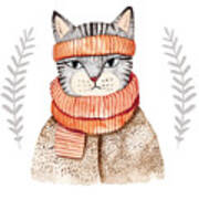 Cute Cat In Scarf Illustration Poster
