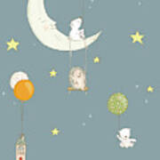 Cute Whimsical Animals And Night Sky Poster