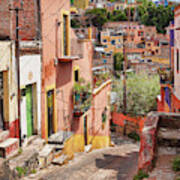 Downhill Narrow Street In Guanajuato, Mexico Poster