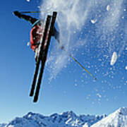Downhill Skier In Mid-air, Rear View Poster
