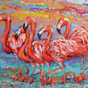 Flamingos At Sunset Poster