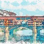 Florence Or Firenze, A View Of The Arno River And The Ponte Vecchio Bridge, Watercolor By Adam Asar Poster