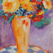 Flowers - Orange Vase On A Checked Table Poster