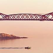 Forth Rail Bridge In Fog With Boat Poster