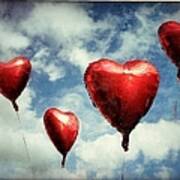 Four Red Heart Shaped Balloons Up In Air Poster