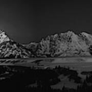 Full Moon Sets In The Tetons Panorama Poster