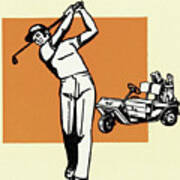 Golfer And Golf Cart Poster