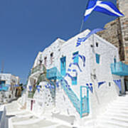 Greek Pennant Flags Waving In Breeze On Poster