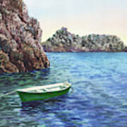 Green Boat Blue Sea Safe Harbor Watercolor Poster