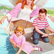 Guardian Angel Watching Over Boy And Girl Poster