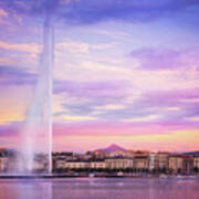 Jet Deau Sunset Geneva Switzerland Poster