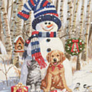 Kitten And Puppy With Snowman Poster
