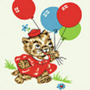 Kitten Carrying Balloons Poster