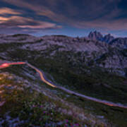 Light Tracks On A Pass Road In The Dolomites Poster