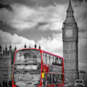 London Houses Of Parliament And Red Bus Poster