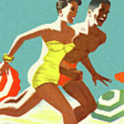 Man And Woman Running In Water On The Beach Poster